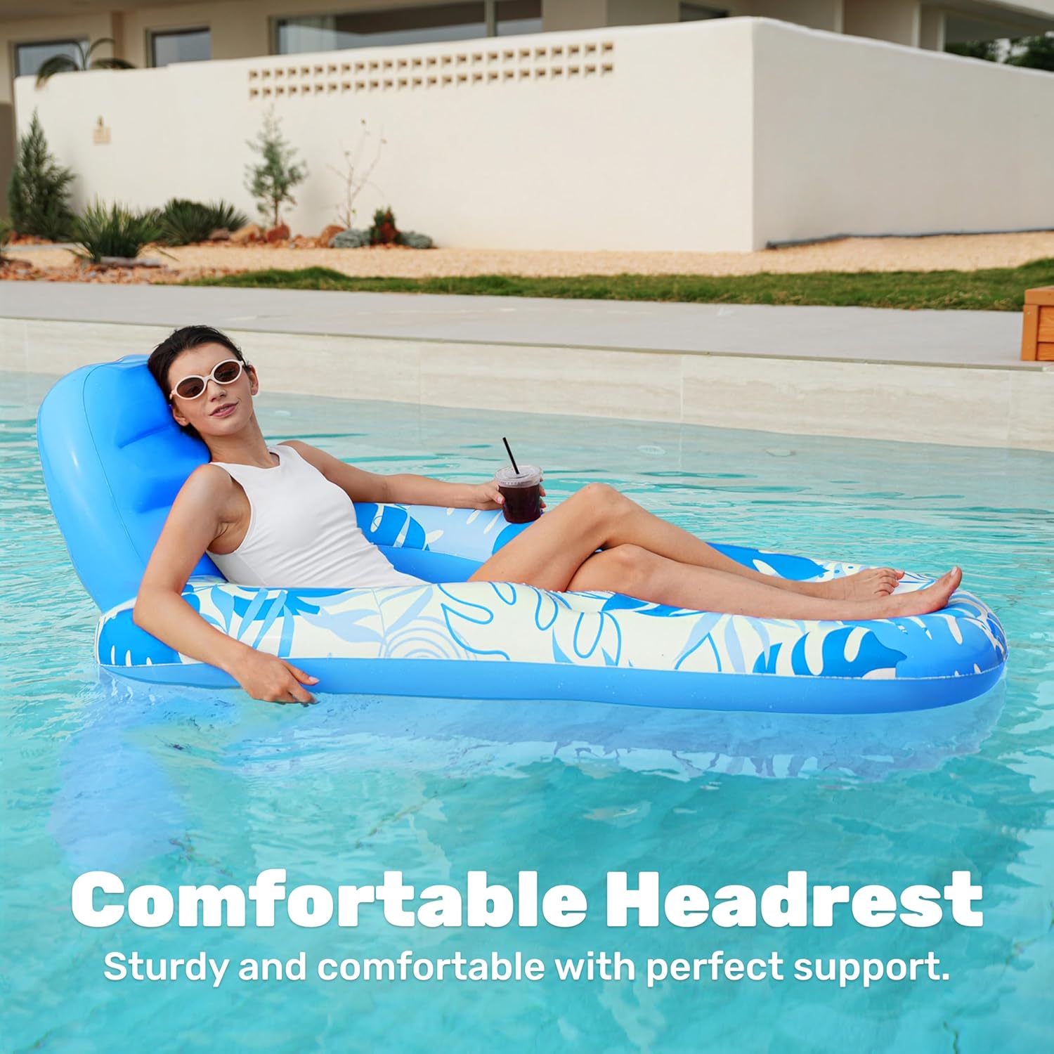 Thumbnail 5 de SLOOSH Inflatable Pool Floats Lounger (Adult) with Cup Holders & Foot Rest — Pink Tropical Leaves
