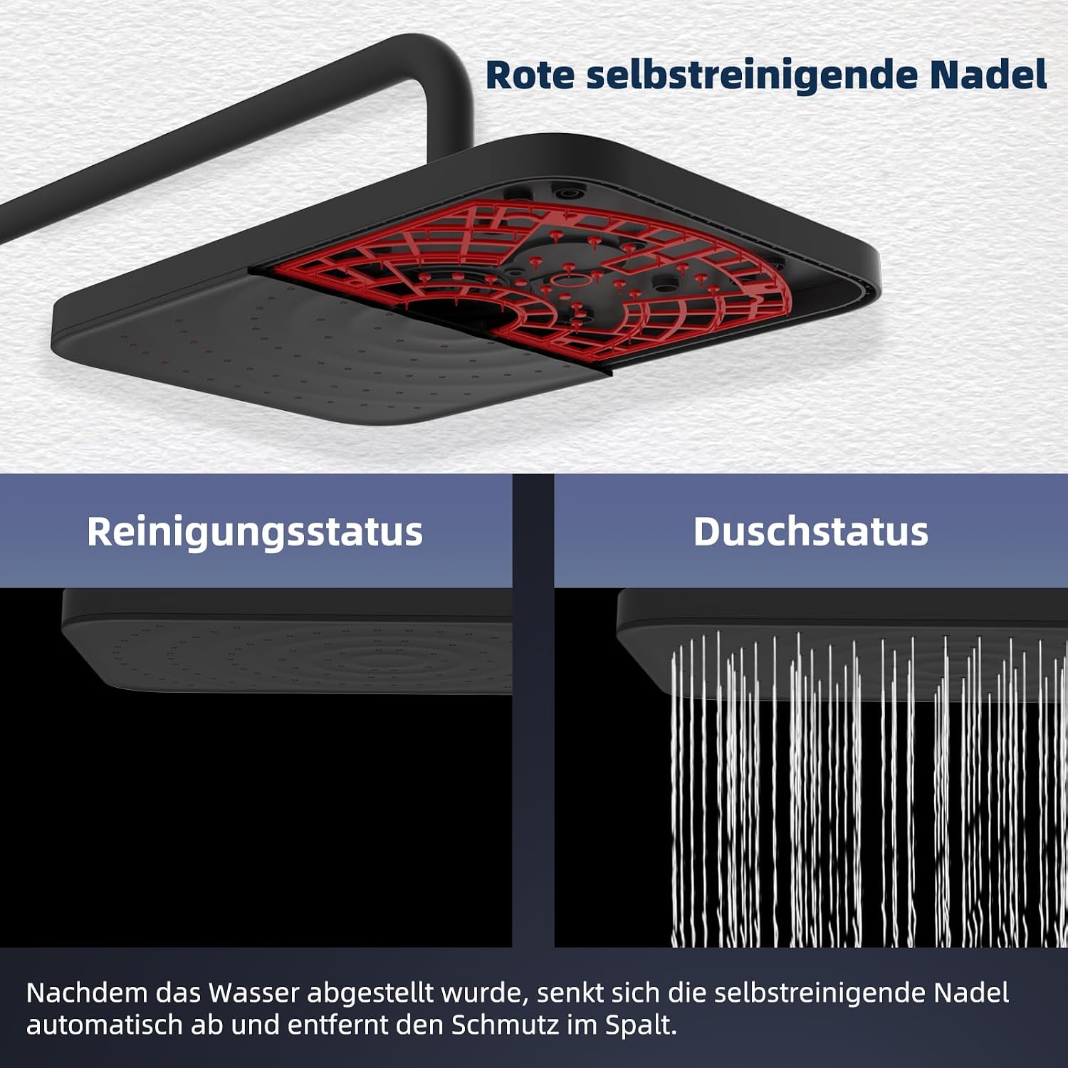Detalle de Hibbent selbstreinigender Regenduschkopf-Set mit Edelstahl-Duschstange, 4-Wege Handbrause – höhenverstellbar, schwarz