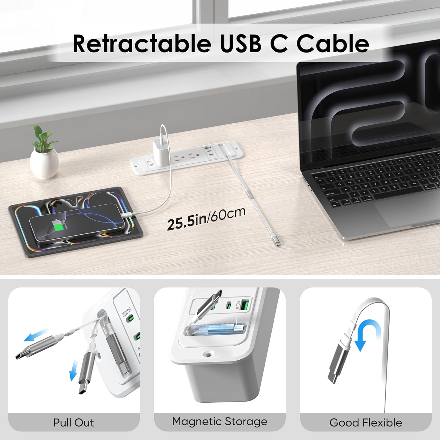 Detalle 2 de HEZI Drawer Outlet with 20W PD USB-C Retractable Cable