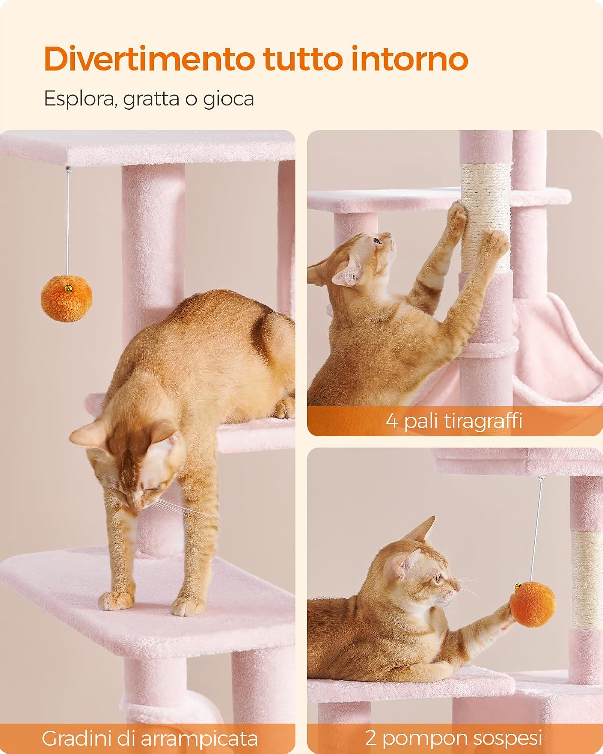 Detalle de Feandrea Albero per Gatti Alto 143 cm, tiragraffi multifunzione in peluche rosa pastello