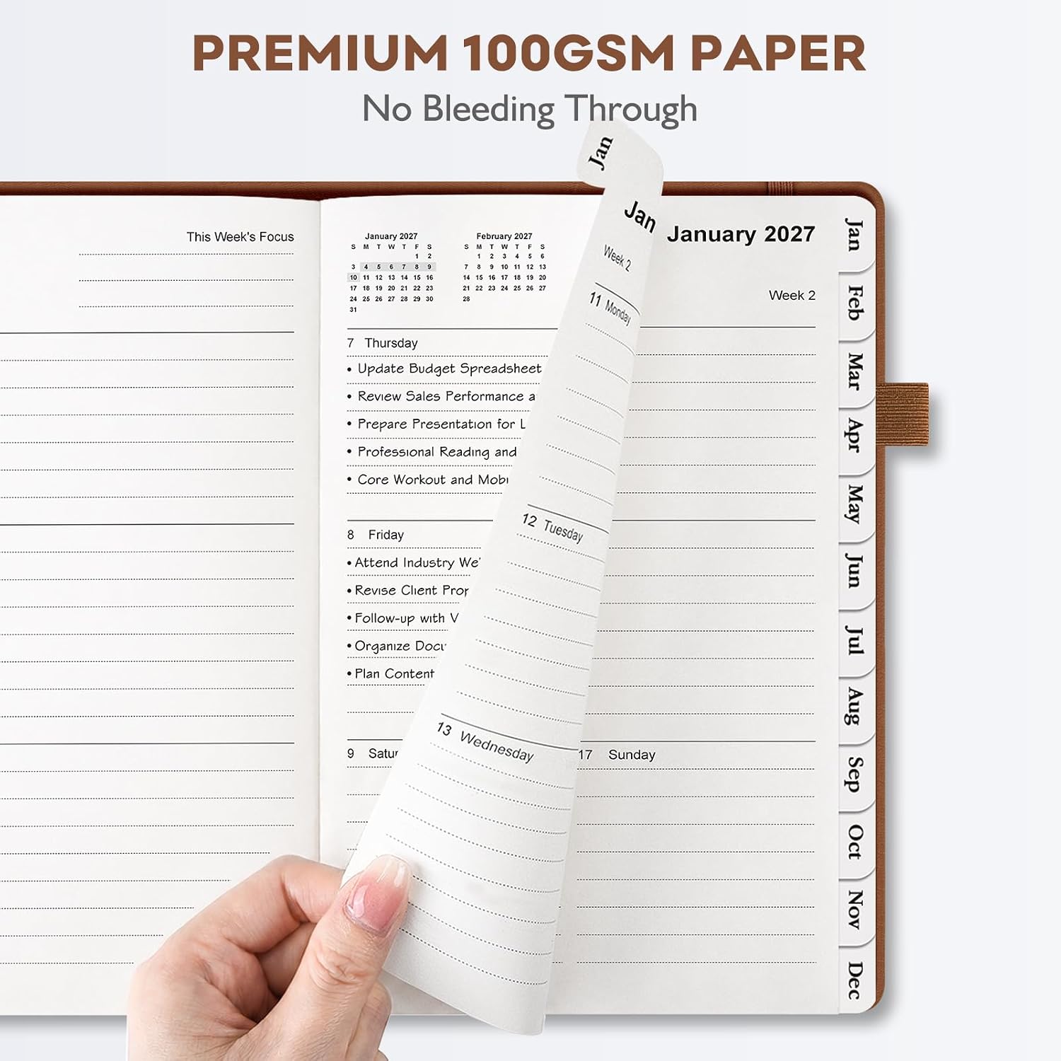Detalle de OMEYA 2027 A5 Weekly and Monthly Planner, Brown Faux-Leather Hardcover