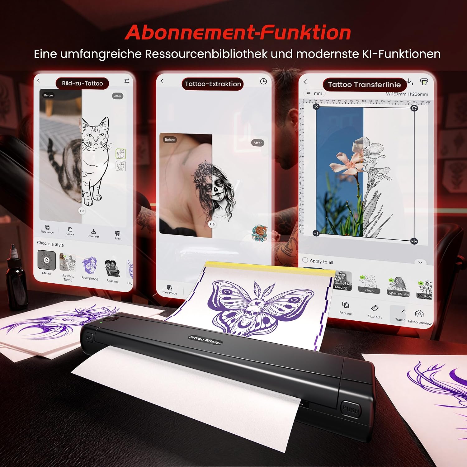 Detalle de TATTMUSE Tattoo Drucker Bluetooth – Schablonen-Nadeldrucker mit 100 Blatt Transferpapier (A887)