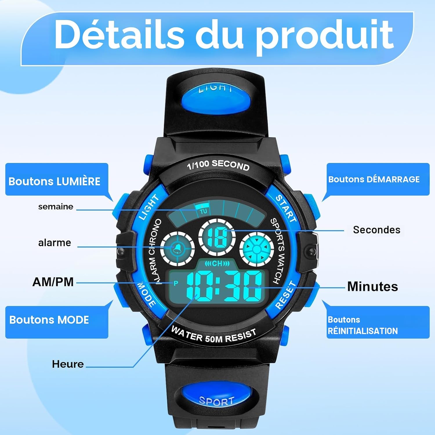 Detalle de DTKID Montre Digitale pour Enfants et Ado — 7 couleurs LED, 5ATM, Chronomètre et Alarme