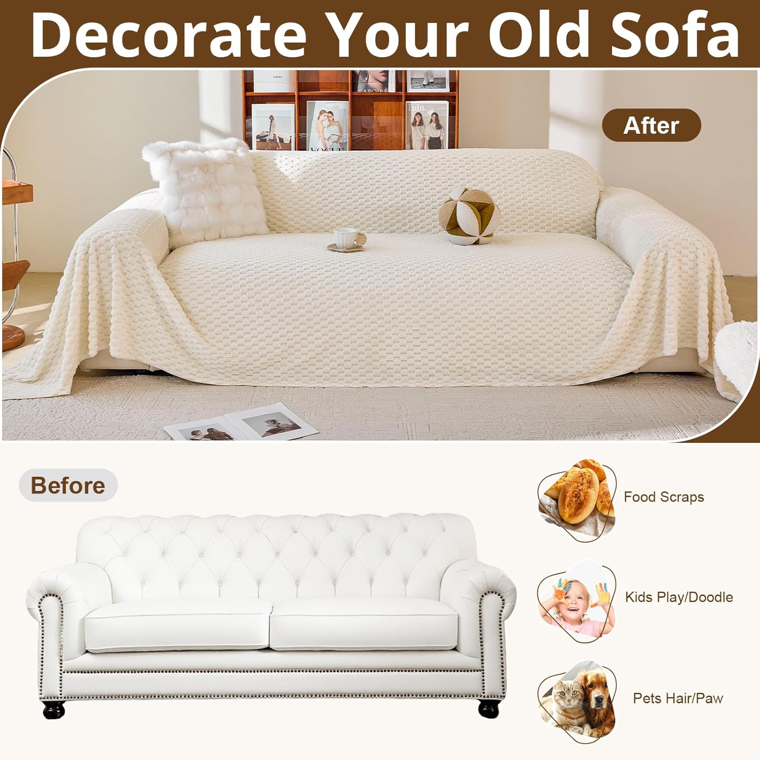 Detalle de Royhom Telo Copridivano 2/3 Posti Pelosa Beige con Base Antiscivolo 180x300 cm