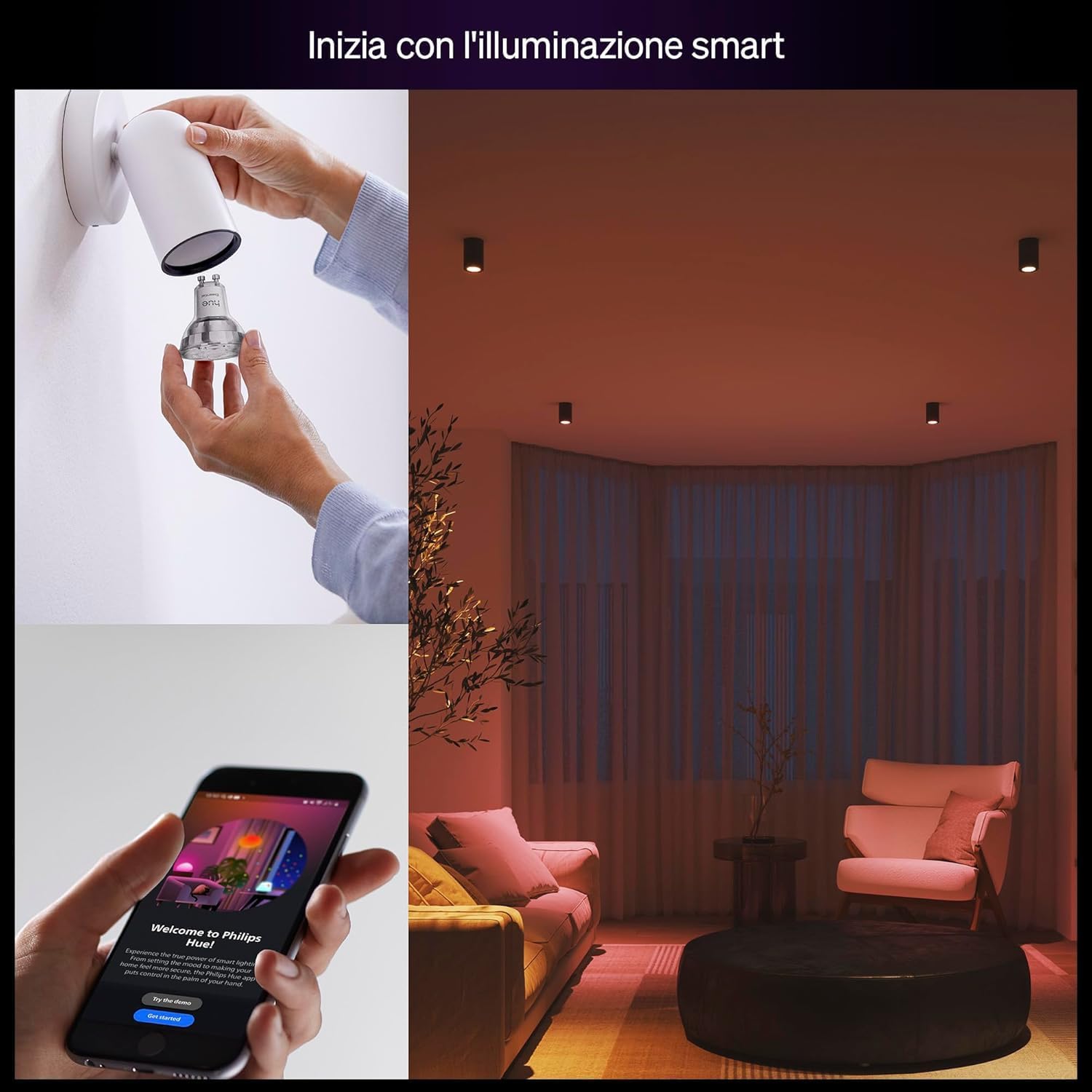 Thumbnail 1 de Philips Hue Essential Smart LED GU10 (Confezione da 4): lampadine intelligenti per colore e bianco, compatibili con Alexa, Google Assistant e Apple Home