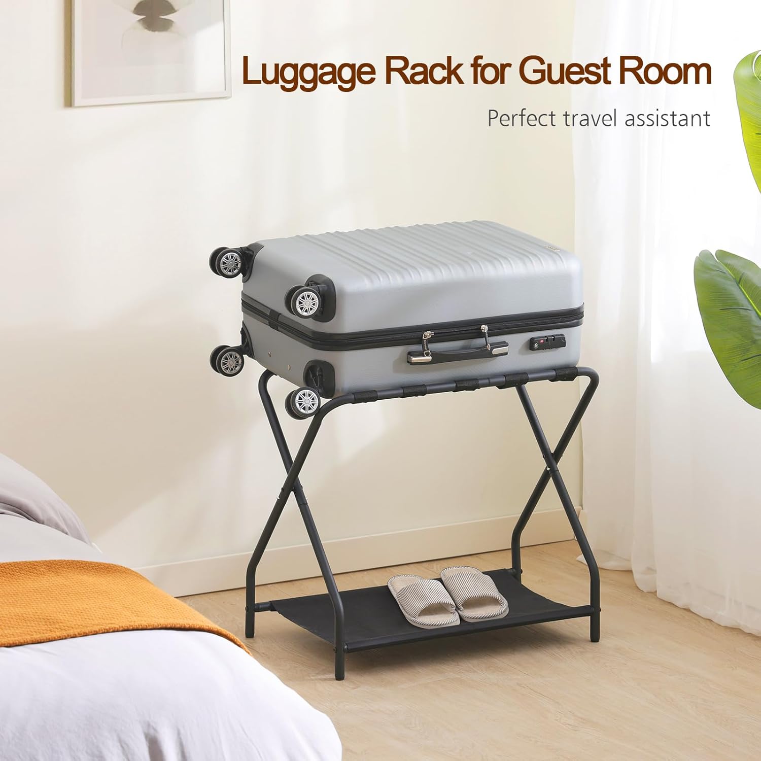 Thumbnail 6 de AMHANCIBLE Luggage Rack (Set of 2) Foldable Suitcase Stands with Storage Shelf, HLR02BK, Black