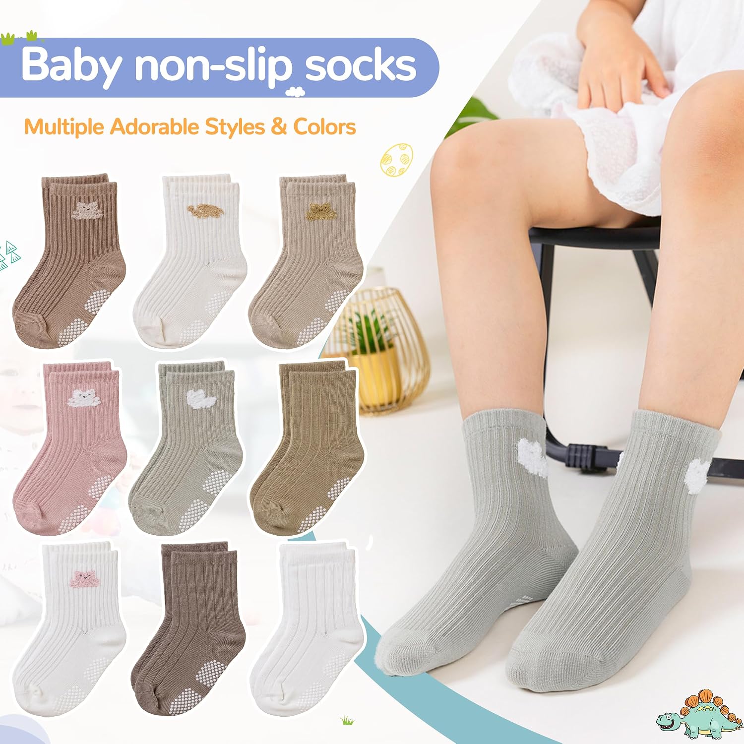 Detalle de SEEYAN Baby Non Slip Socks Toddler Crew Socks with Grips – 9 Pairs