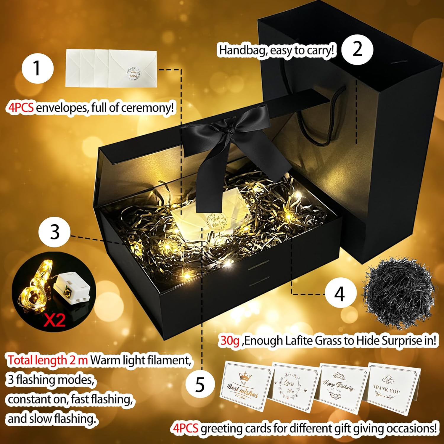 Thumbnail 1 de YeahBoom Deluxe-Geschenkbox mit Schleife – magnetisch, Kiste + Tasche + Licht, inkl. Karten & Band