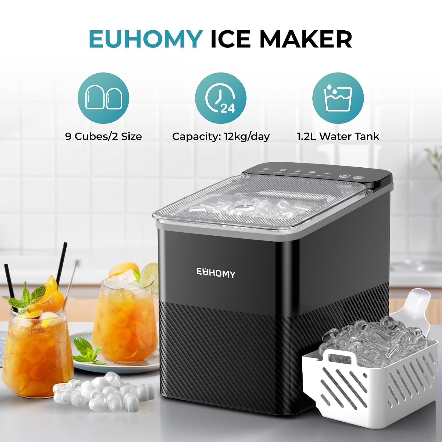 Thumbnail 3 de EUHOMY Countertop Ice Maker: Compact, Two Ice Sizes with One-Touch Control