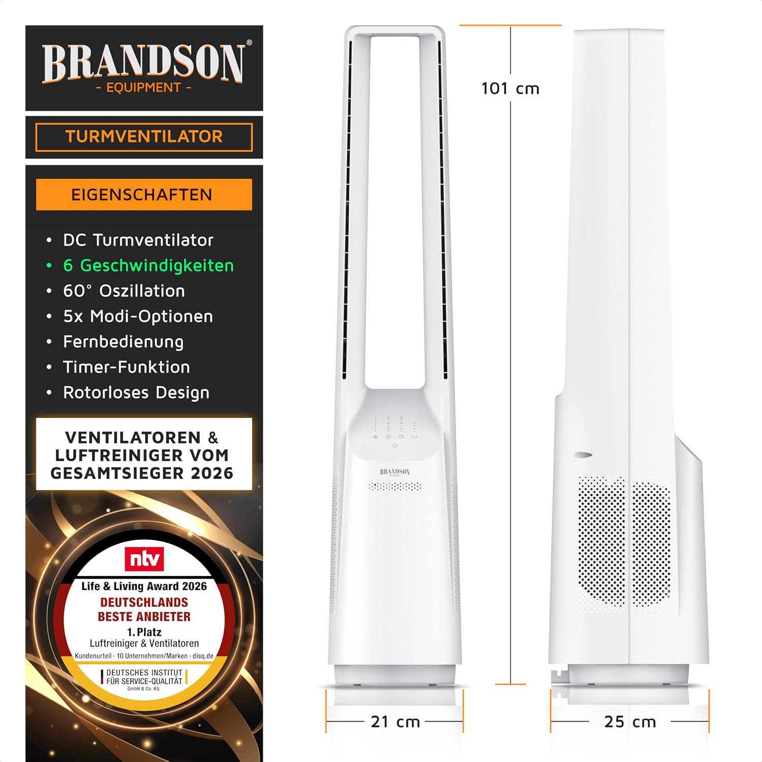 Detalle de Brandson Turmventilator ECO Line: rotorlos, leise und energiesparend
