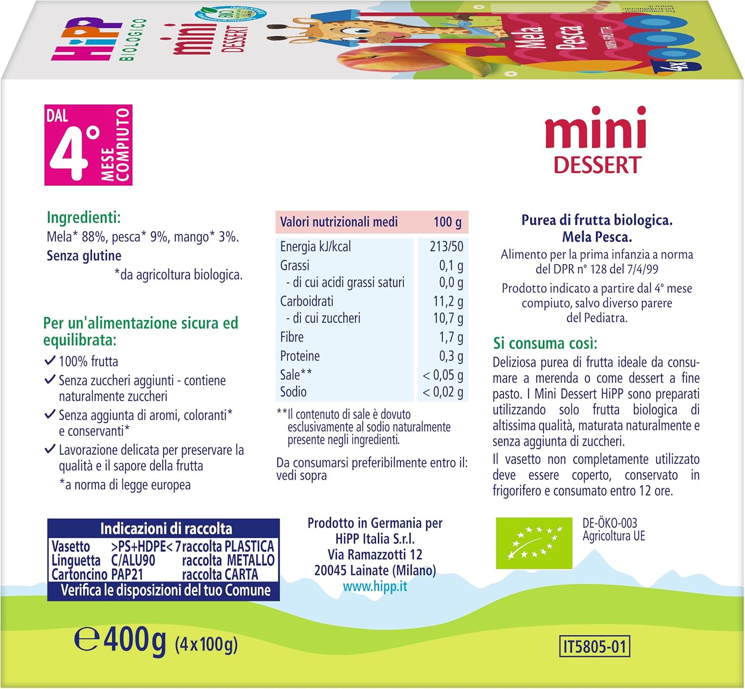 Thumbnail 1 de HiPP Nuovi Mini Dessert Frutta Grattugiata Bio – Mela e Pesca, 24 vasetti da 100 g
