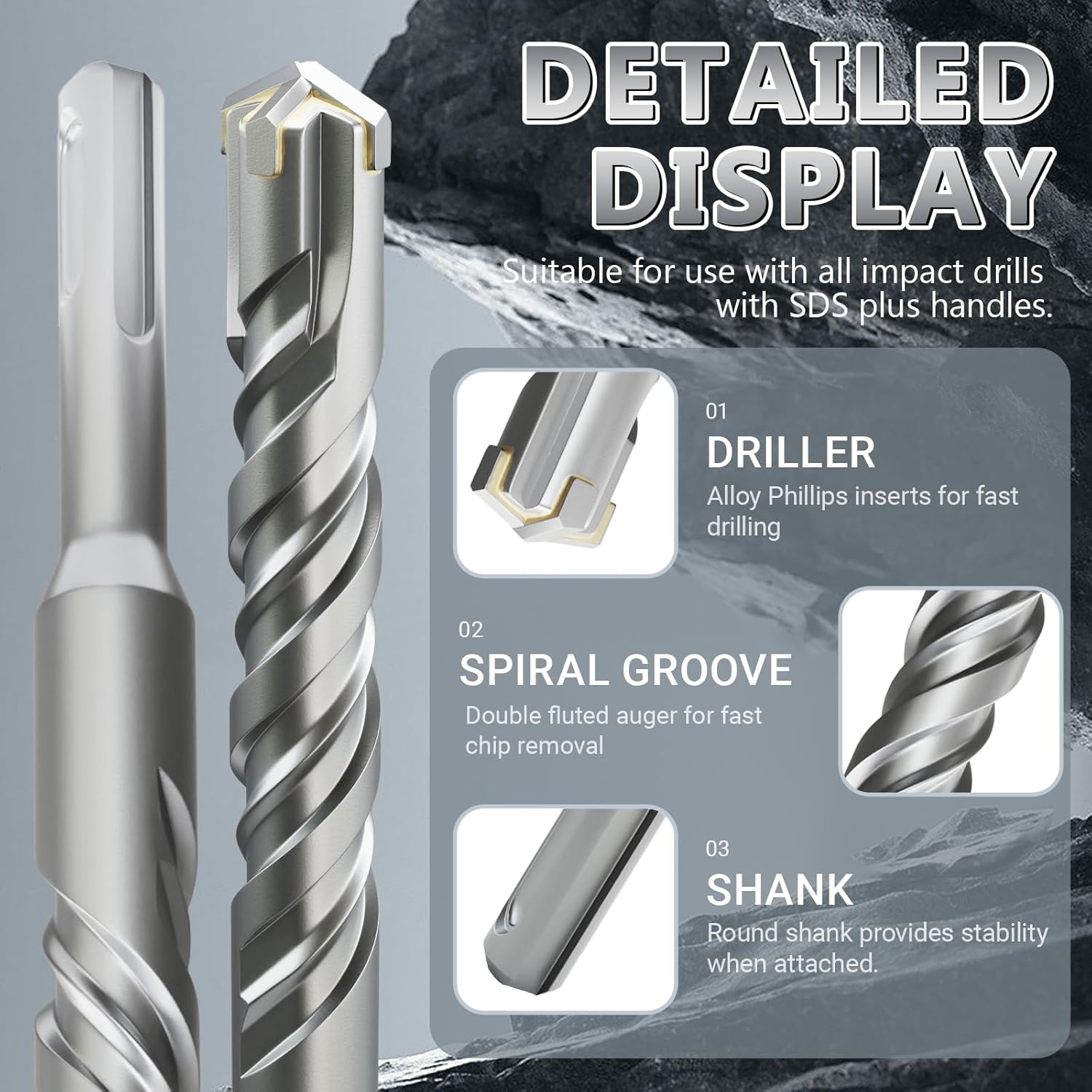 Detalle de XZH SDS Plus Masonry Drill Bits 8mm x 260mm – Tungsten Carbide Tip for Wall, Stone and Concrete