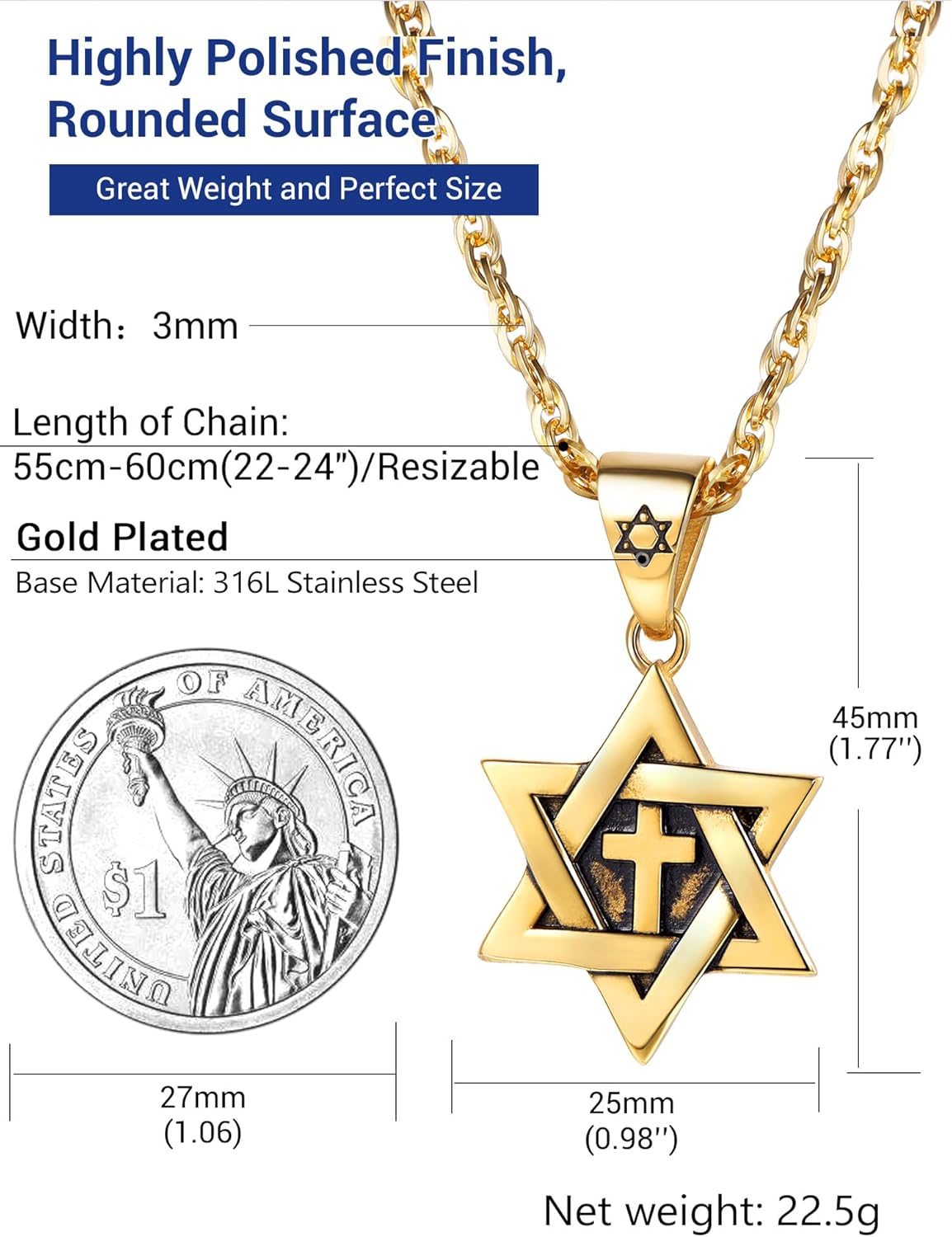 Thumbnail 4 de PROSTEEL Collier homme Magen David en acier inoxydable 316L plaqué or 18 carats, pendentif étoile de David