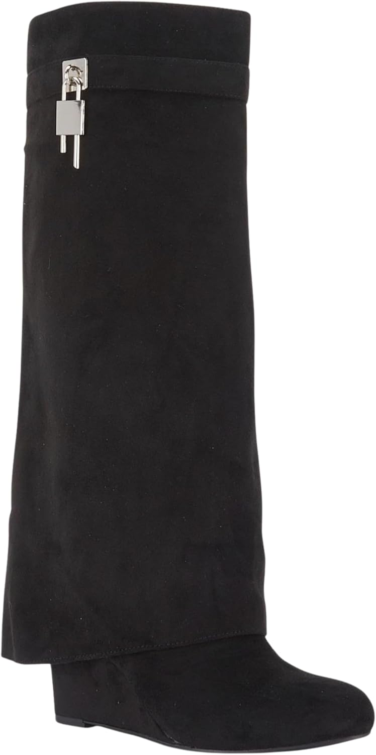 Detalle de sole london Ladies’ Knee-High Fold-Over Boots, Black Faux Suede, 4-Inch Block Heel