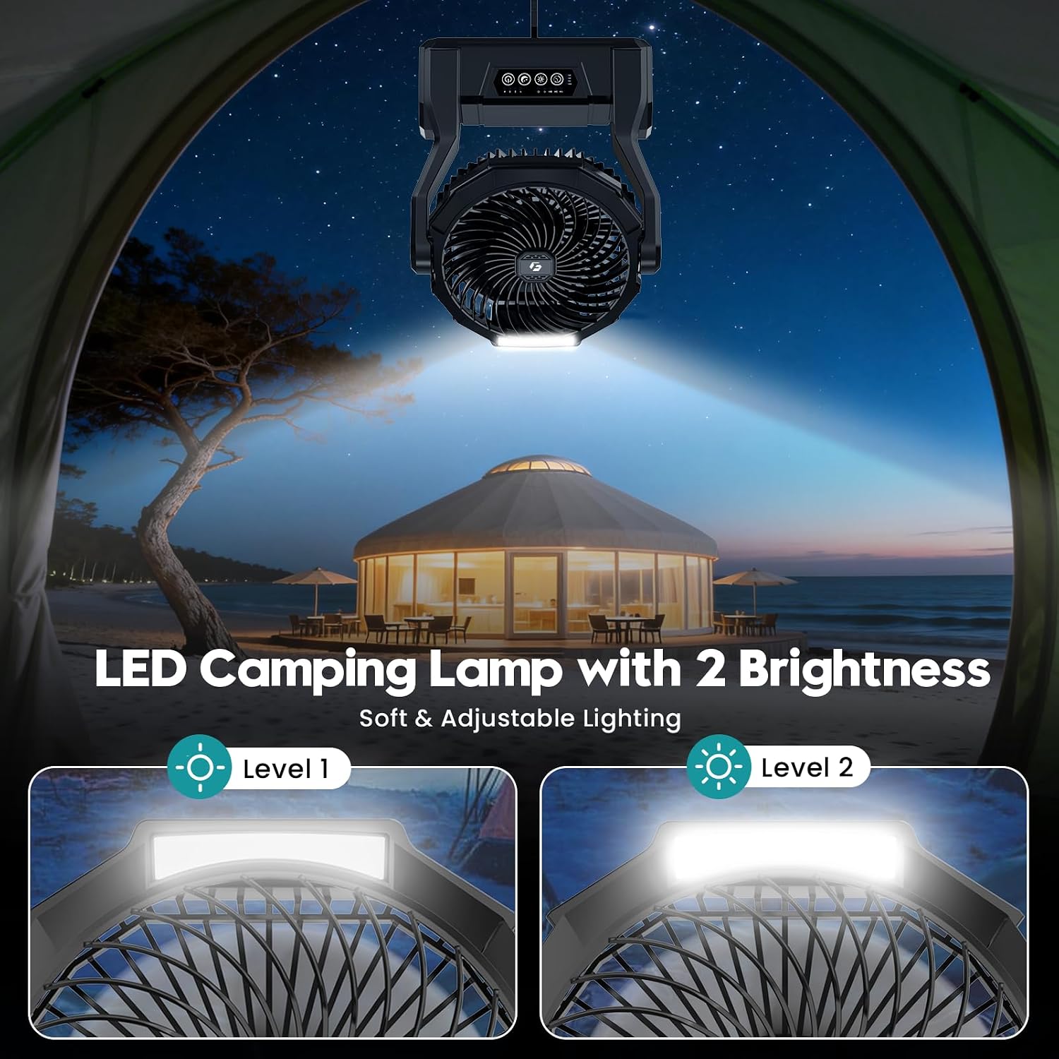 Detalle de XZK 24000mAh Rechargeable Camping Fan with LED Light — 64H Runtime, Portable Tent Fan
