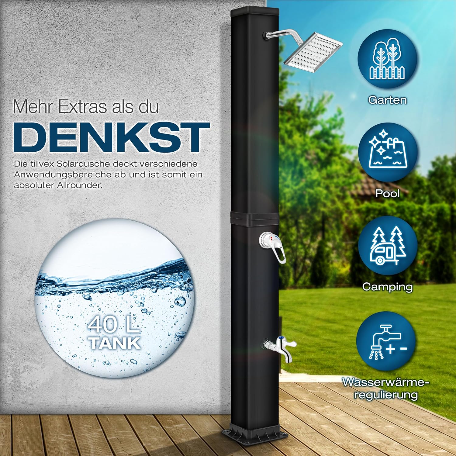 Detalle 2 de tillvex Solardusche 40 Liter (schwarz) inkl. Schutzhaube – Solar-Duschsystem ohne Stromanschluss