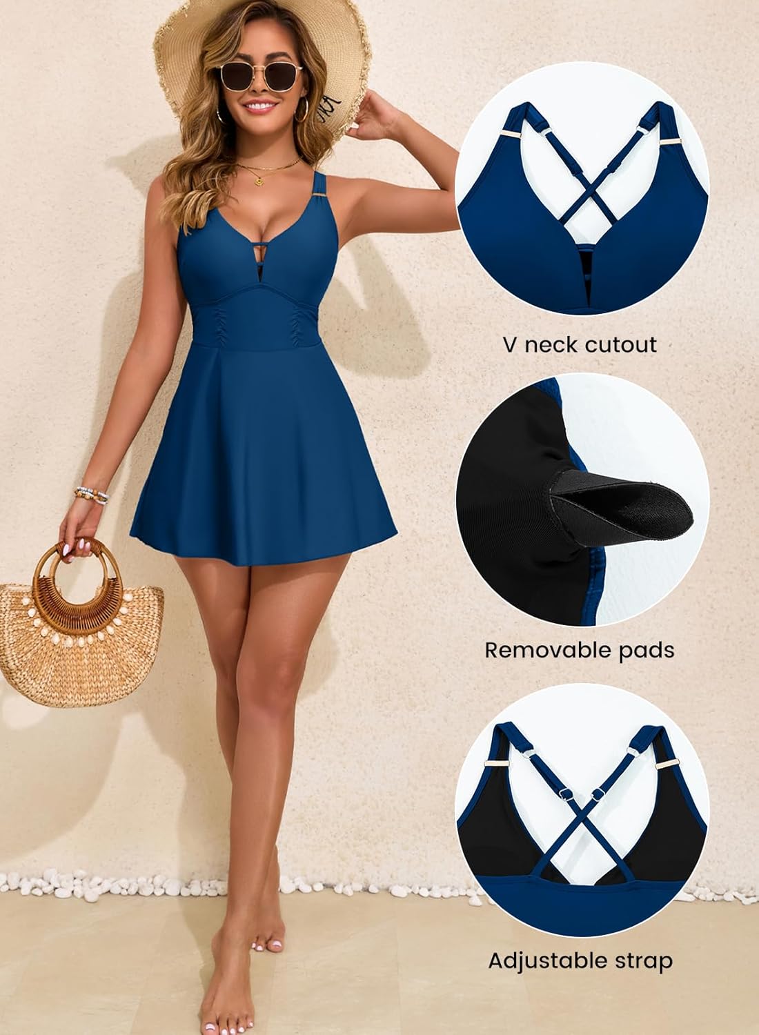 Detalle 2 de Aleumdr One Piece Swimsuits for Women: Slimming Tummy Control Swim Dress with V-Neck Keyhole