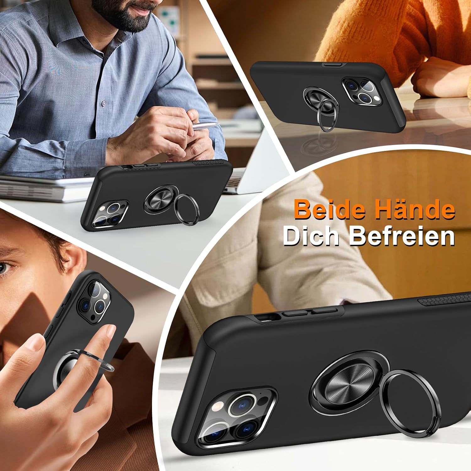 Detalle de Vaki Handyhülle für iPhone 13 Pro mit 360° Magnet-Ringständer und Schutzfolie (Schwarz)