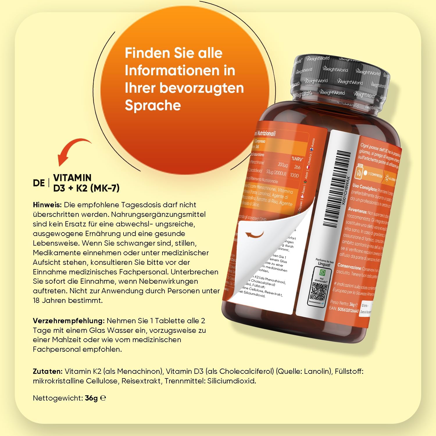 Detalle 2 de Vitamin D3 K2 2000 IE – 365 Tabletten (2-Jahres-Vorrat) von WeightWorld