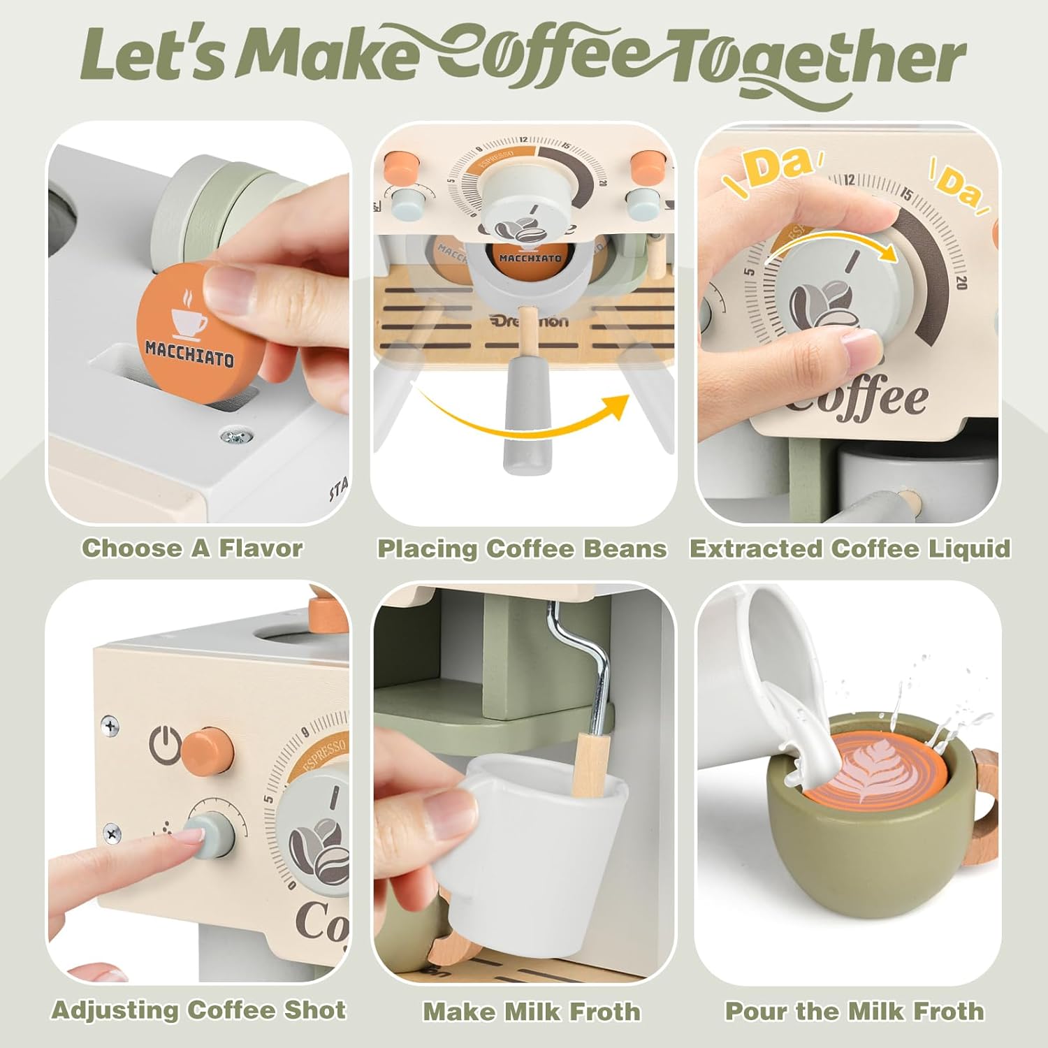 Detalle 2 de Dreamon Kinder-Kaffeemaschine 15-teilig aus Holz