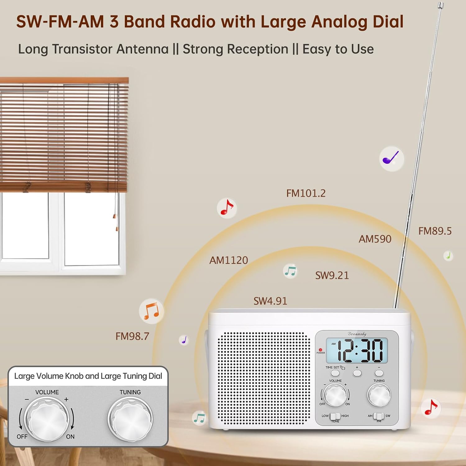 Thumbnail 1 de DreamSky DS6226 Portable AM/FM/Shortwave Radio with Large Dial and LCD Clock
