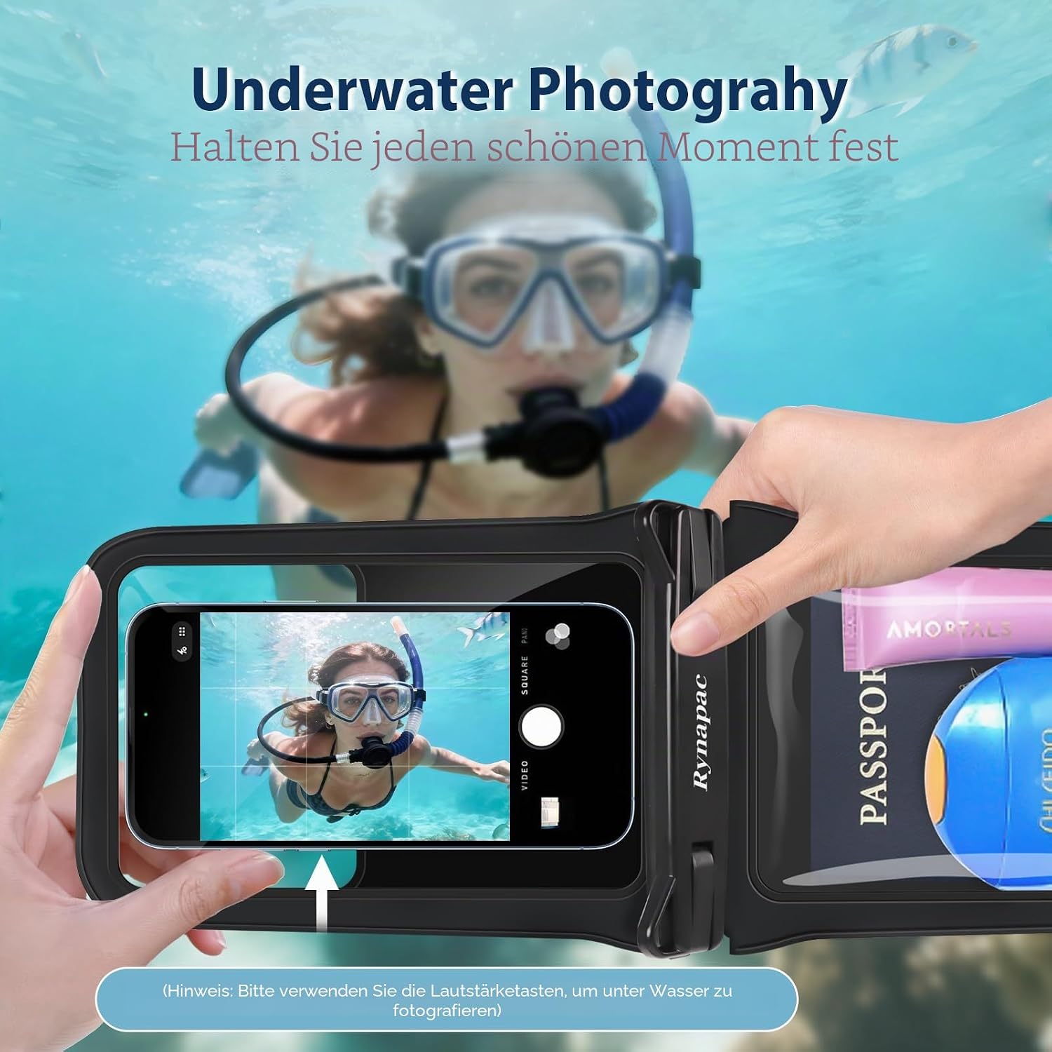 Detalle de Rynapac wasserdichte Handyhülle 2er-Set: IPX8 bis 30 m, für Smartphones bis 8 Zoll