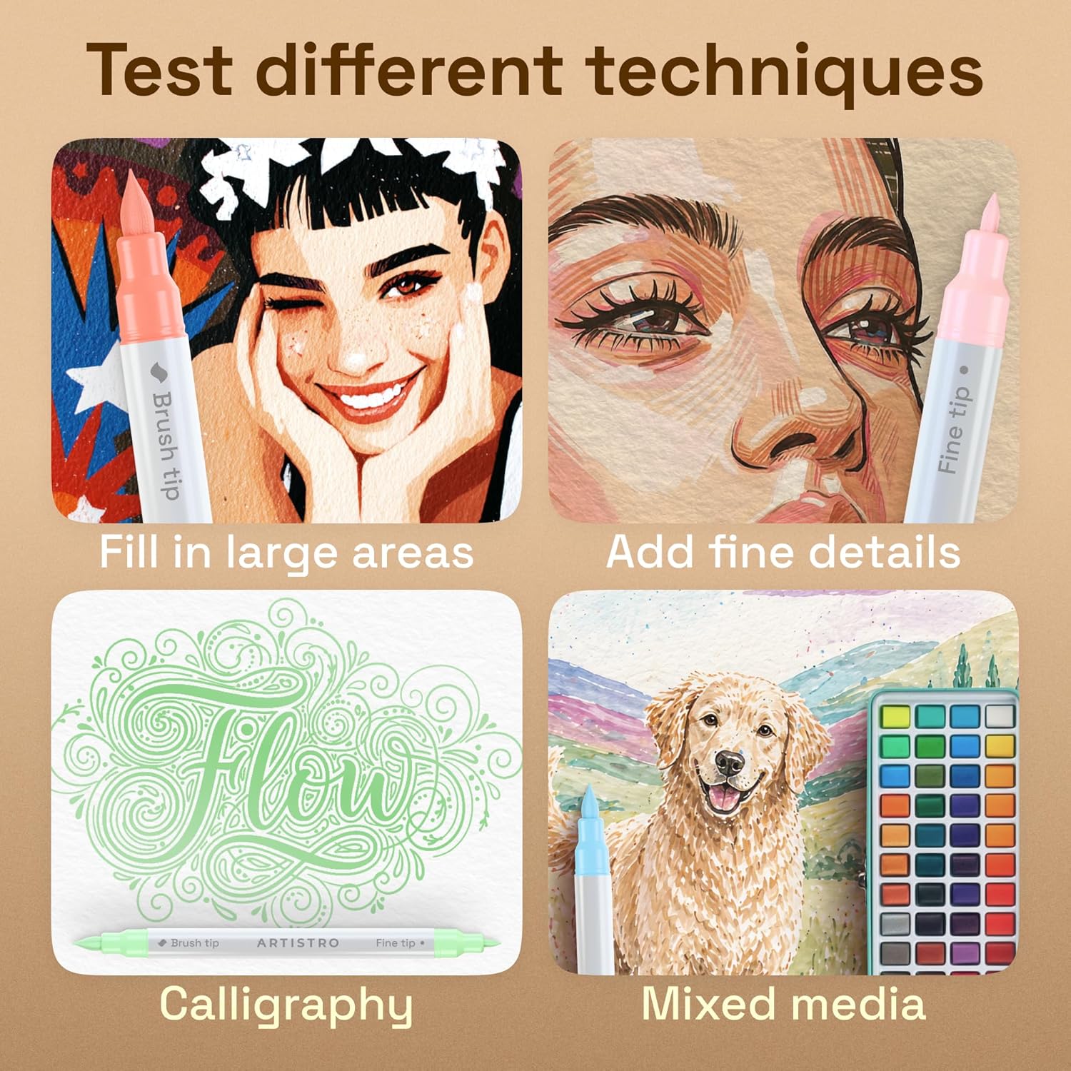 Thumbnail 4 de ARTISTRO 24 Acrylic Paint Pens Dual Tip (Brush & Fine) – 24 Pastel Markers for Fabric, Canvas, Rock, Glass, Wood