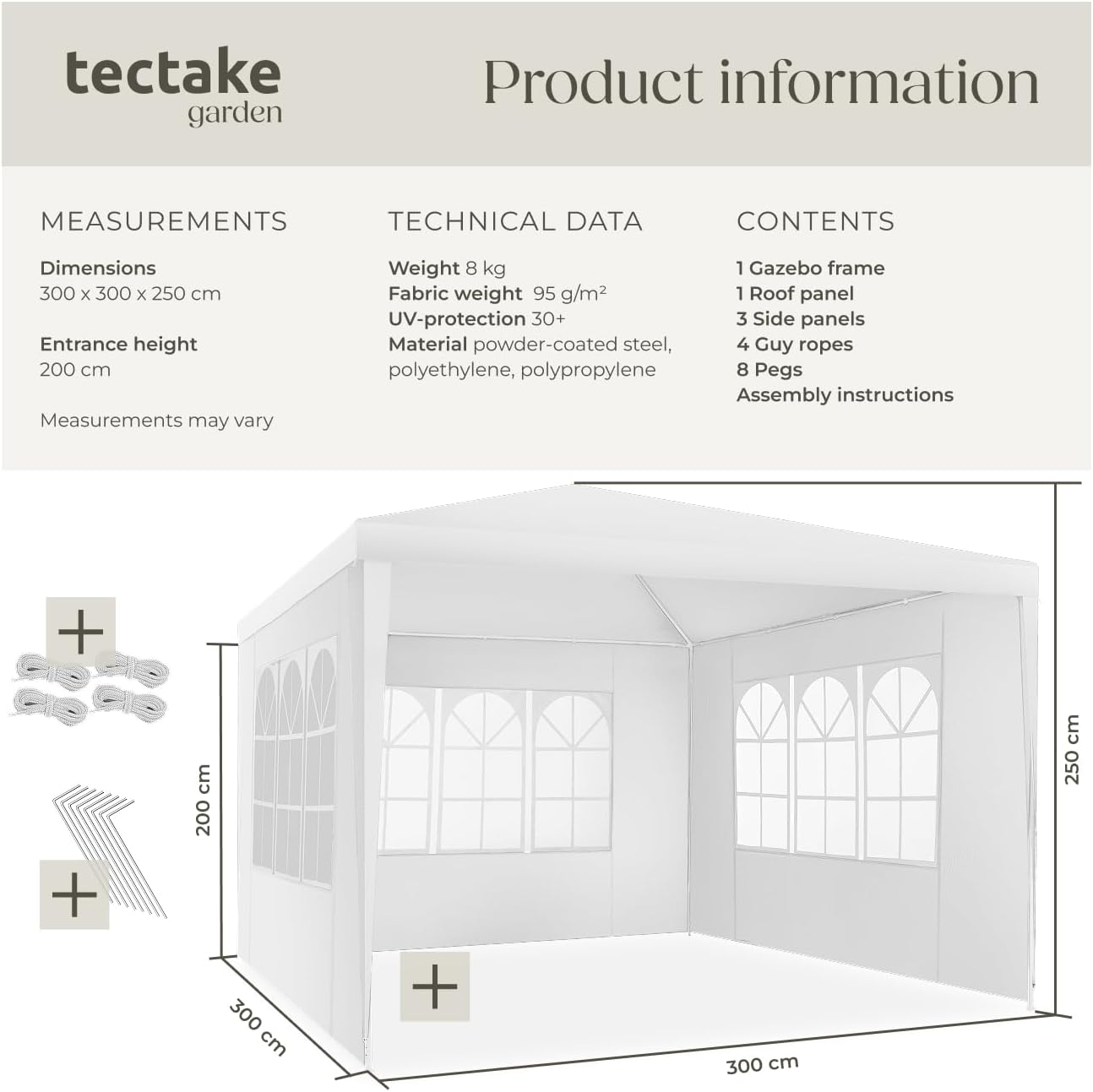 Detalle de tectake 405963-2 paviljong 3 x 3 m med avtagbara sidoväggar och UV-skydd