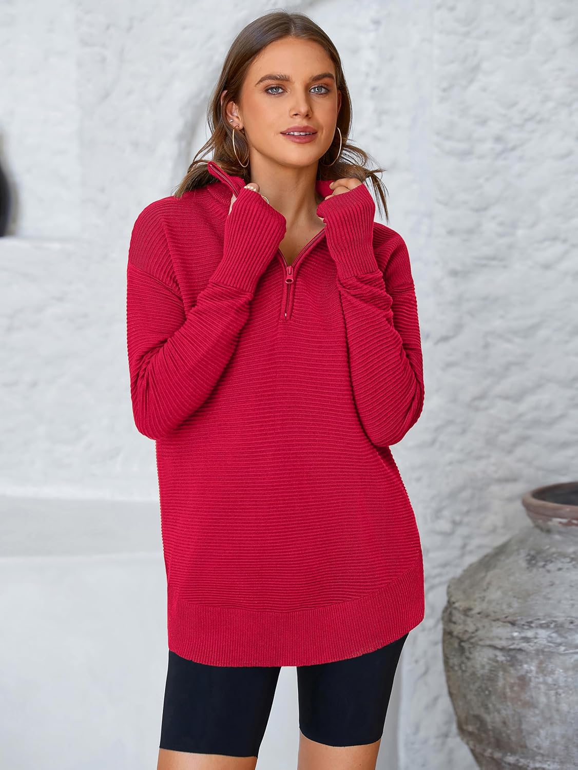 Thumbnail 2 de PRETTYGARDEN V‑neck ribbed thumbhole sweater for women