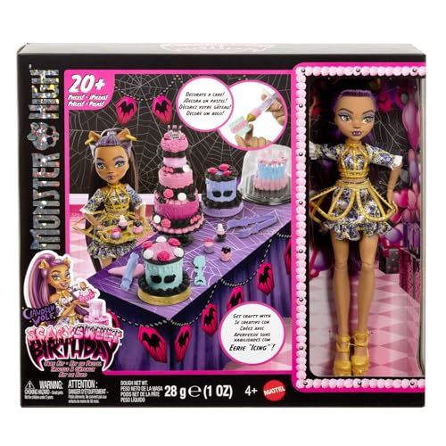 Detalle de Monster High Cumplespantos Kit de pastelería con muñeca Clawdeen Wolf (JBG78), set de decoración para pasteles