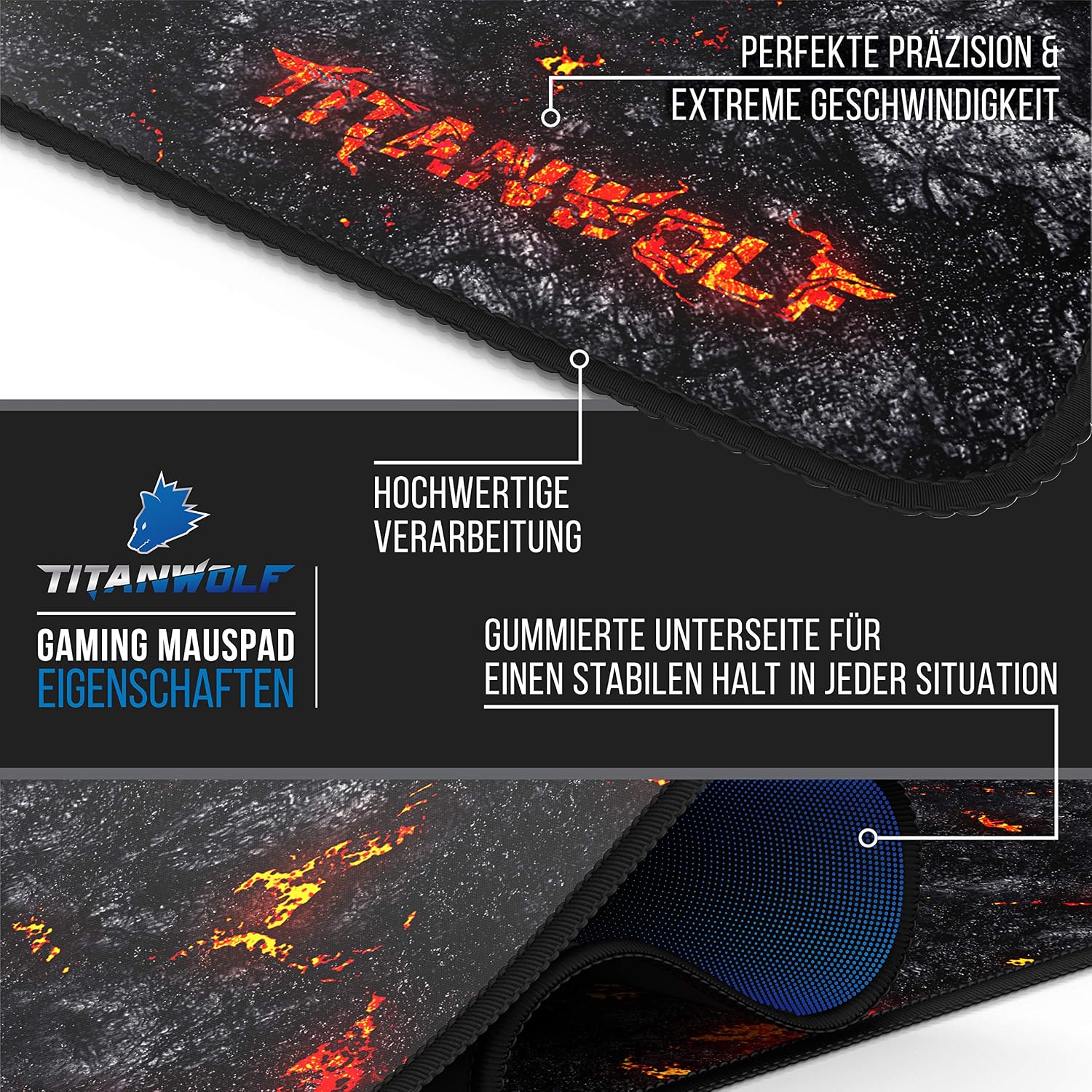 Detalle de TITANWOLF Gaming-Mauspad „Titanwolf Lava“ (1200x400 mm) – XXXL Übergröße für mehr Platz und präzise Maussteuerung