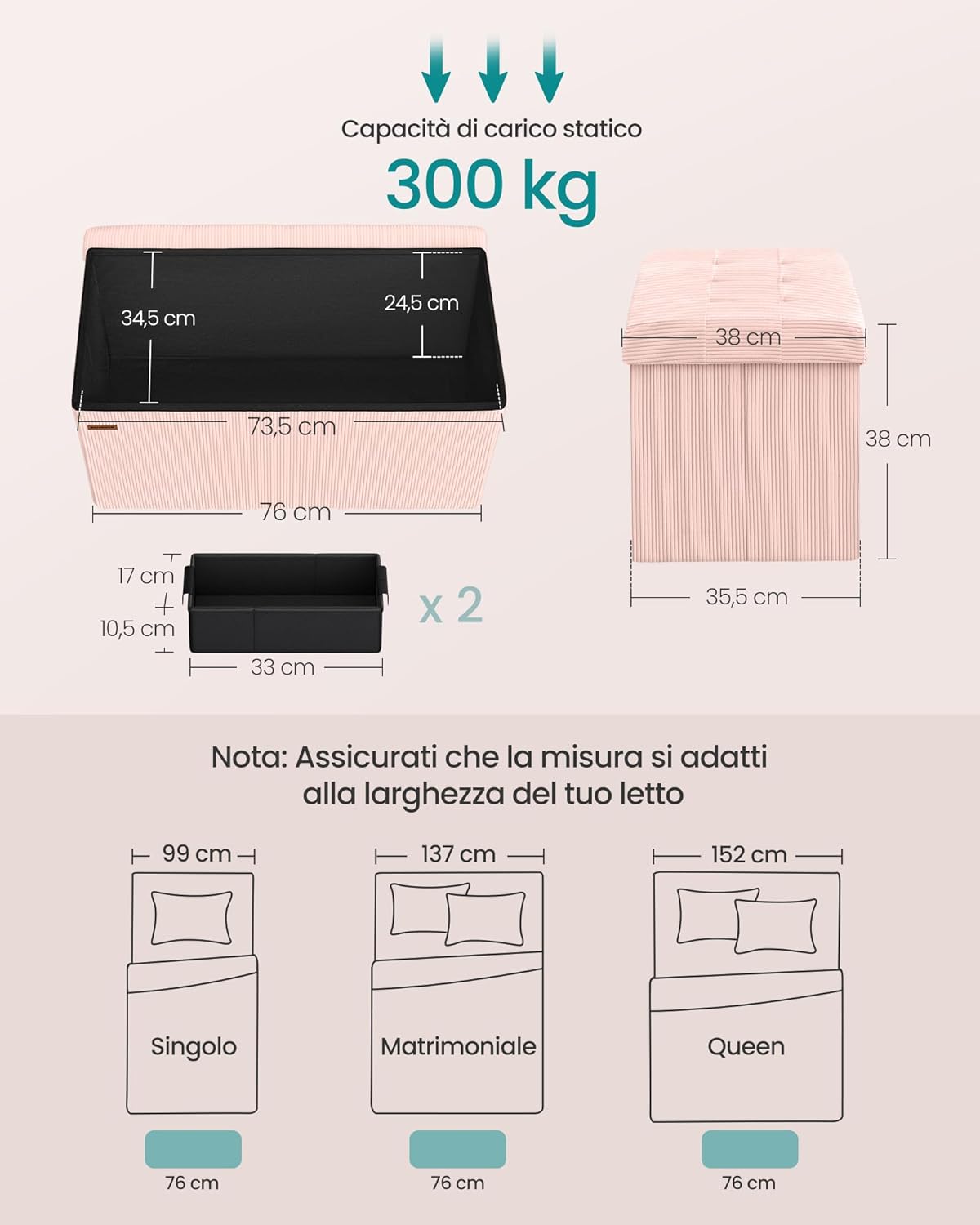 Thumbnail 2 de SONGMICS Panca Contenitore LSF603R01 pieghevole rosa pastello, 38 x 76 x 38 cm