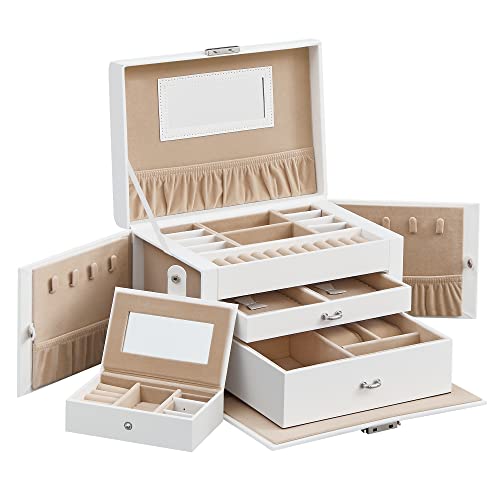 Thumbnail 8 de SONGMICS Scatola Portagioie a 3 livelli – Portagioie con mini box removibile, chiusura a chiave e maniglia frontale, PU Bianco Nuvola / foderato beige