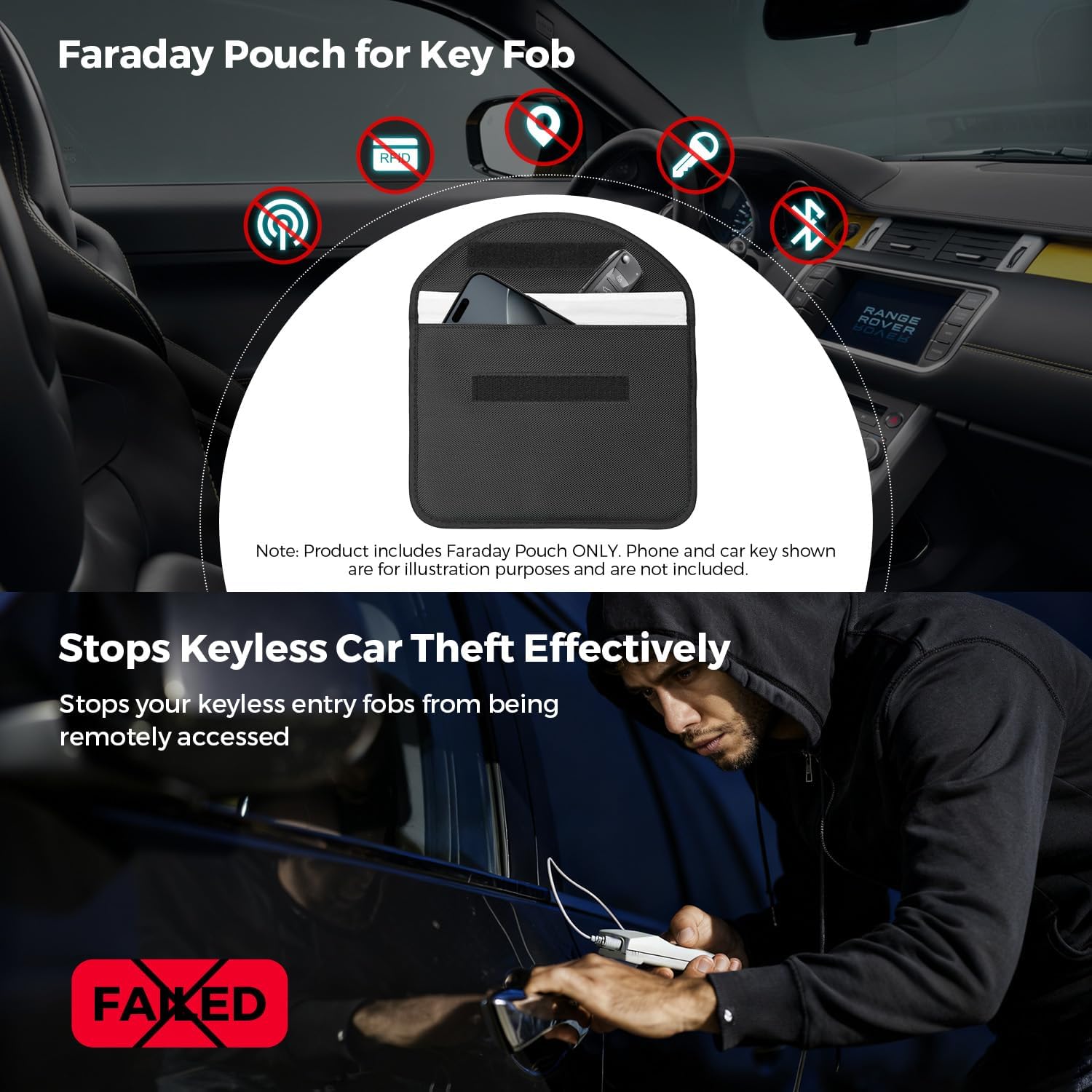 Thumbnail 4 de XTRONS Large Faraday Pouch (Car Keys/Phones) – RFID signal blocking key bag with hook, waterproof carbon fibre, black