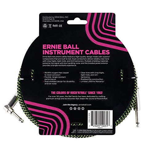 Detalle 2 de Ernie Ball Cable de Instrumento Trenzado 10 ft Recto/Ángulo — Negro/Verde