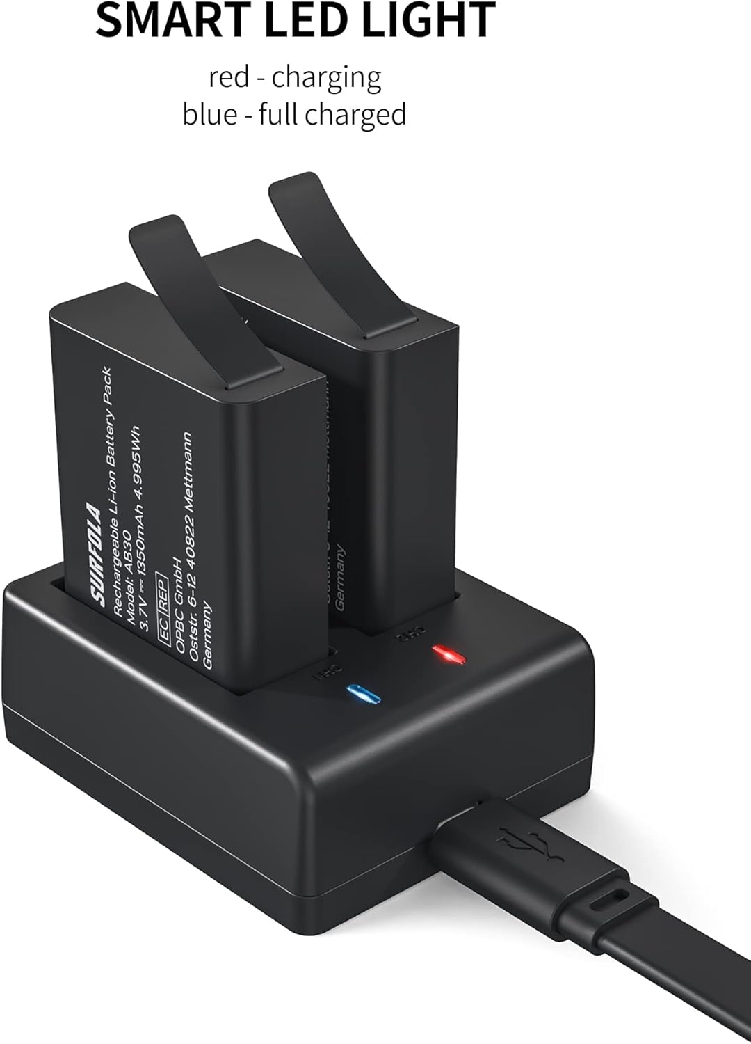 Detalle de Batteries rechargeables Surfola (compatible Wolfang) 1350 mAh pour caméra sport – pack de 2 + chargeur USB double