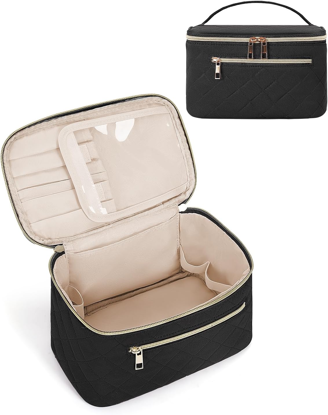 Detalle de Travel Quilted Makeup Bag with Brush Compartment (Patent Pending) – Large Black Cosmetic Case