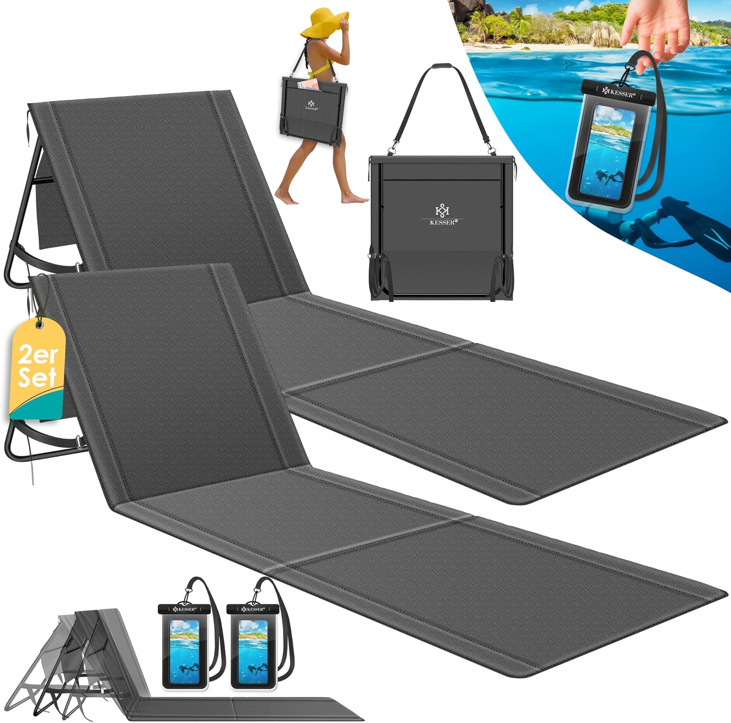 KESSER® 2er Set Strandmatte klappbar mit verstellbarer Rückenlehne – vielseitige Liege für Strand, Garten und Terrasse