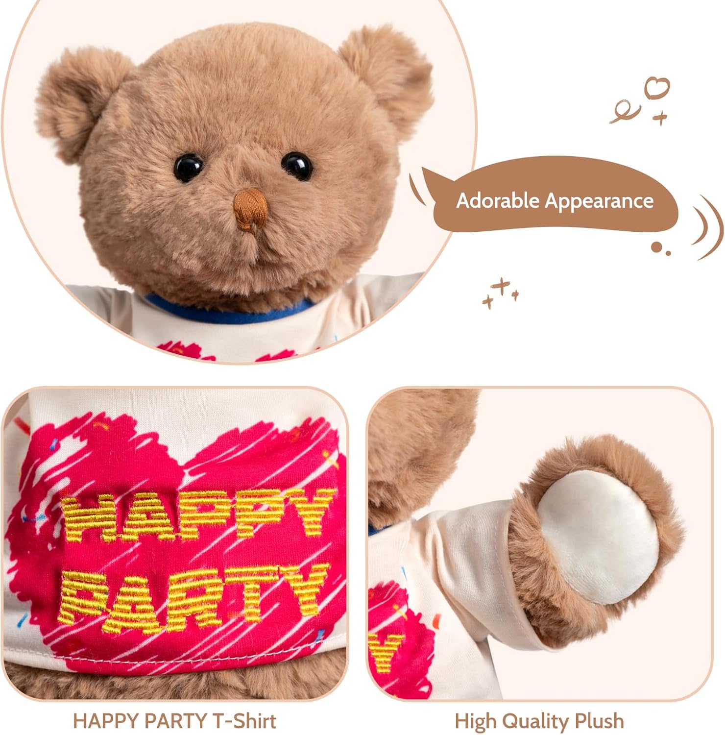 Detalle de BEJOY Teddybär – Süßes, weiches Plüschtier mit Happy Party T-Shirt (35 cm)