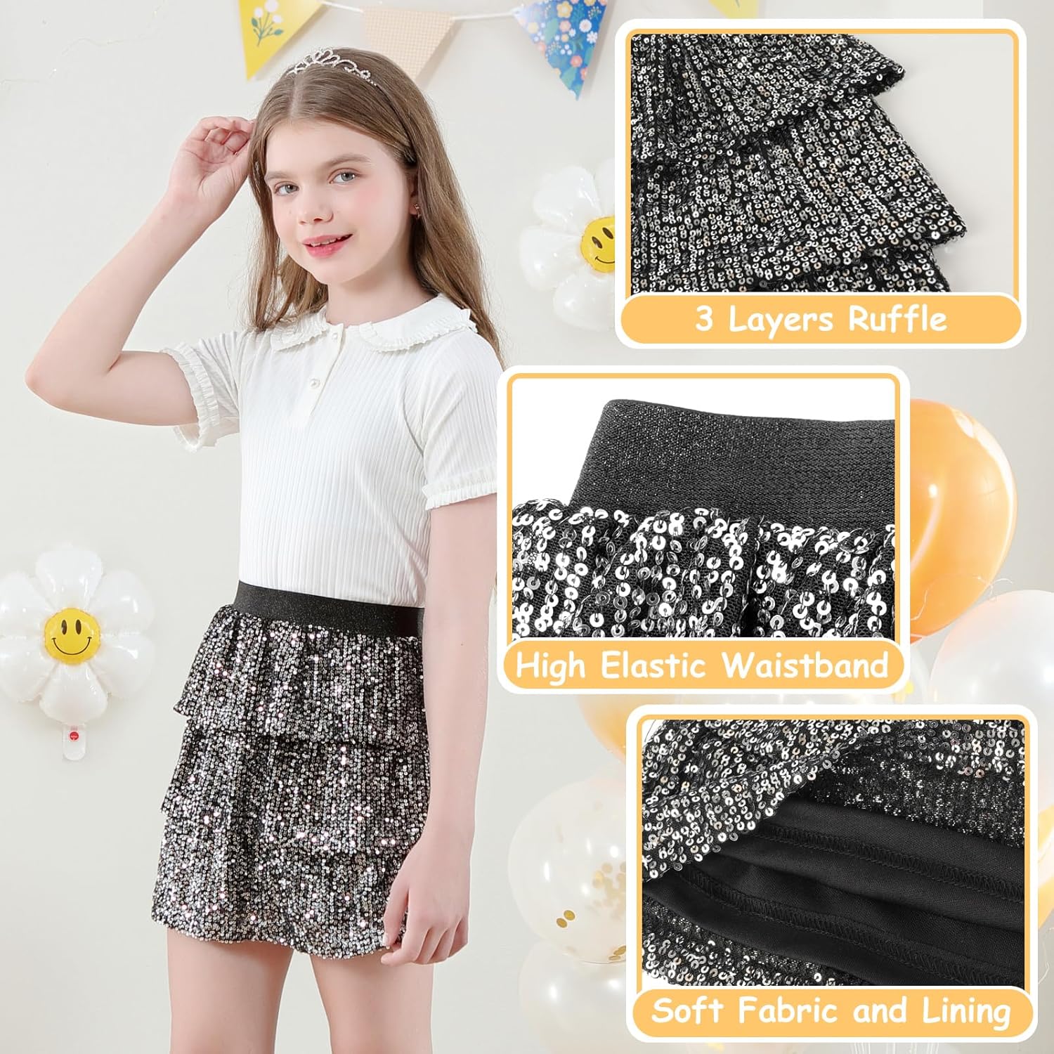 Detalle de Bezioner Girls Sequin Skirt: Layered Glitter Skater Skirt for 5–14 Years