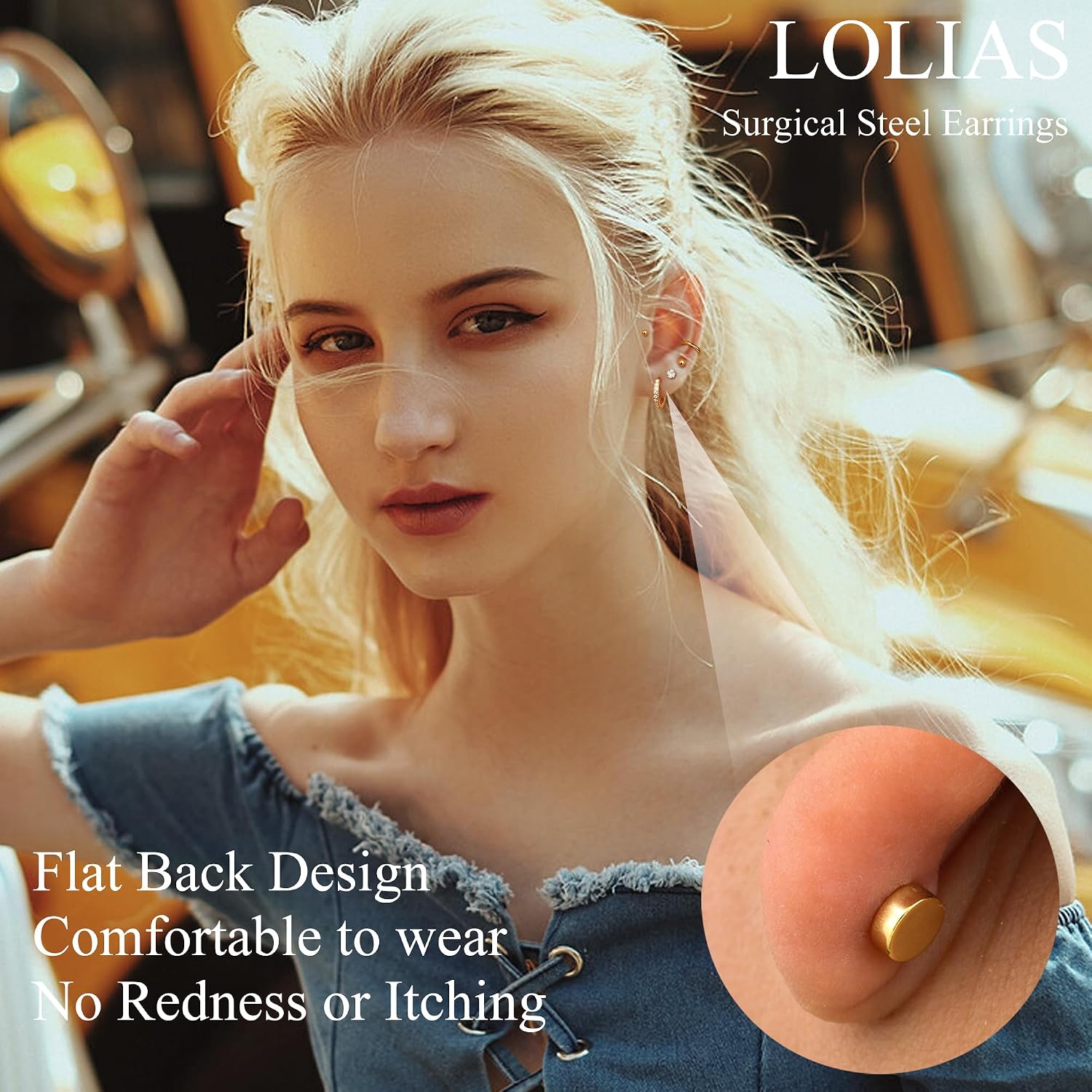 Detalle de LOLIS 9-Paar Ohrringe Set – hypoallergen, 316L Chirurgenstahl, 14K Goldbeschichtung