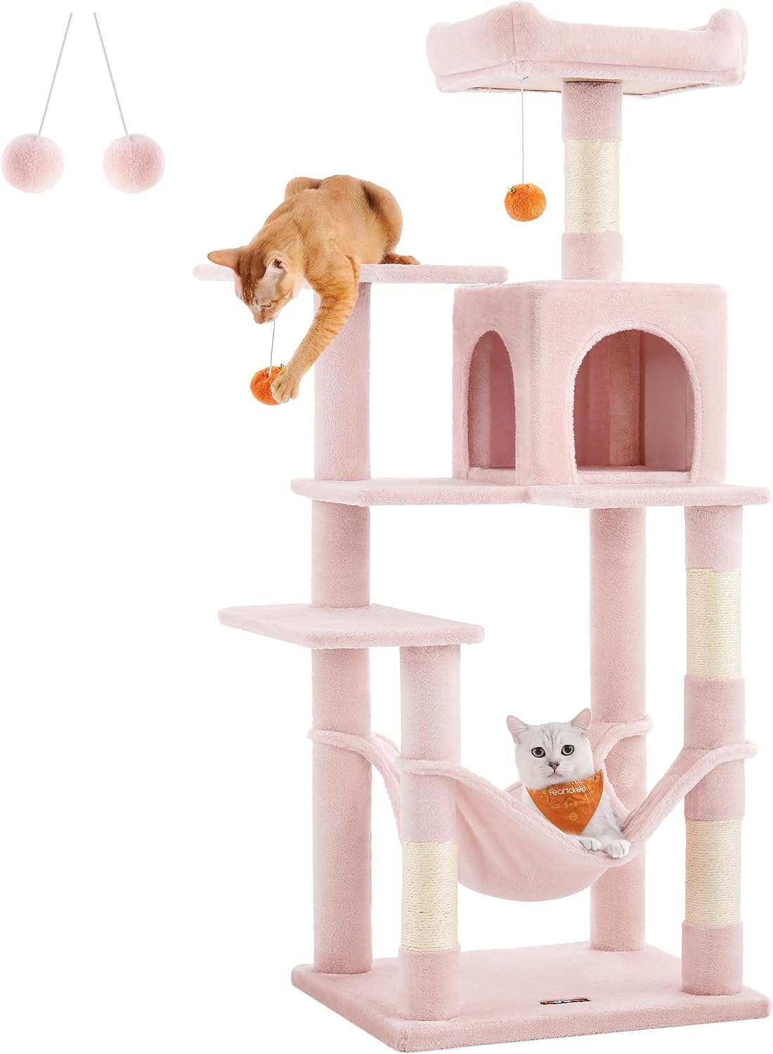 Detalle de Feandrea Albero per Gatti Alto 143 cm, tiragraffi multifunzione in peluche rosa pastello