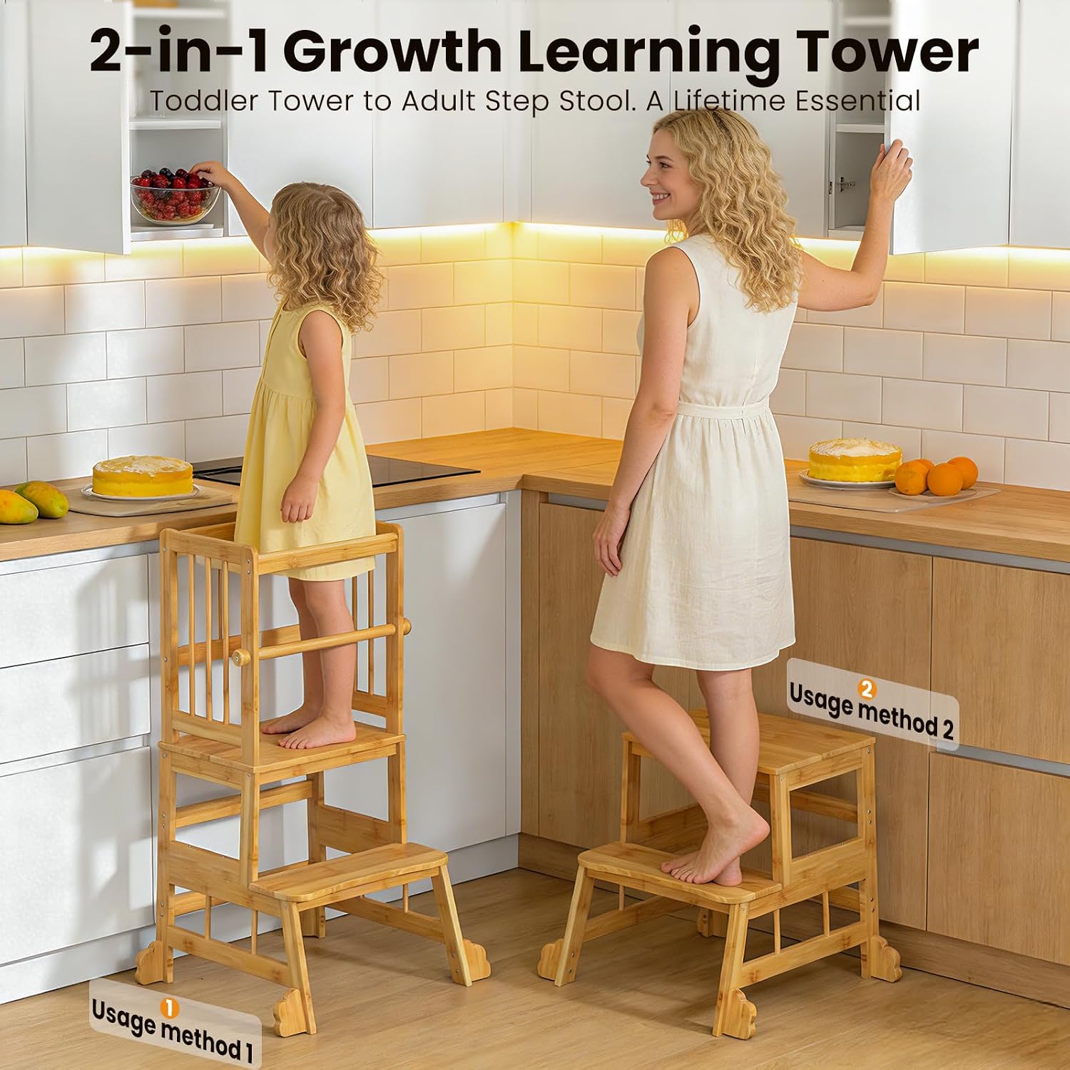 Thumbnail 6 de HBTower ZL32 Toddler Standing Tower, Bamboo Kitchen Step Stool with Safety Rails