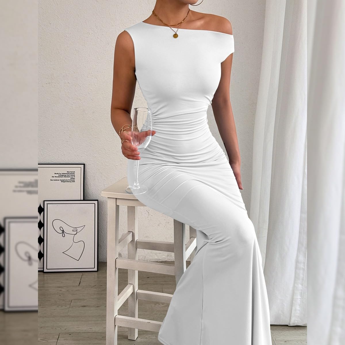 Detalle de Belriviere Womens Off The Shoulder Maxi Dress - Ruched Fishtail Bodycon Gown