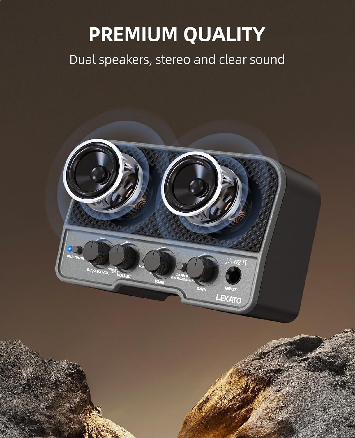Detalle de LEKATO JA-02 II Mini Guitar Amp: Compact, Battery-Powered Dual 5W Practice Amp