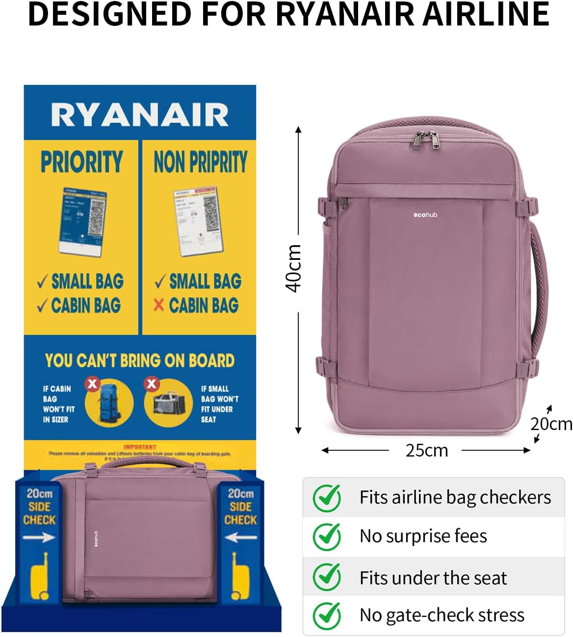 Detalle de ECOHUB 20L Zaino Ryanair 40x20x25: Zaino da Viaggio a Mano con Scomparto Laptop 14" in PET Riciclato