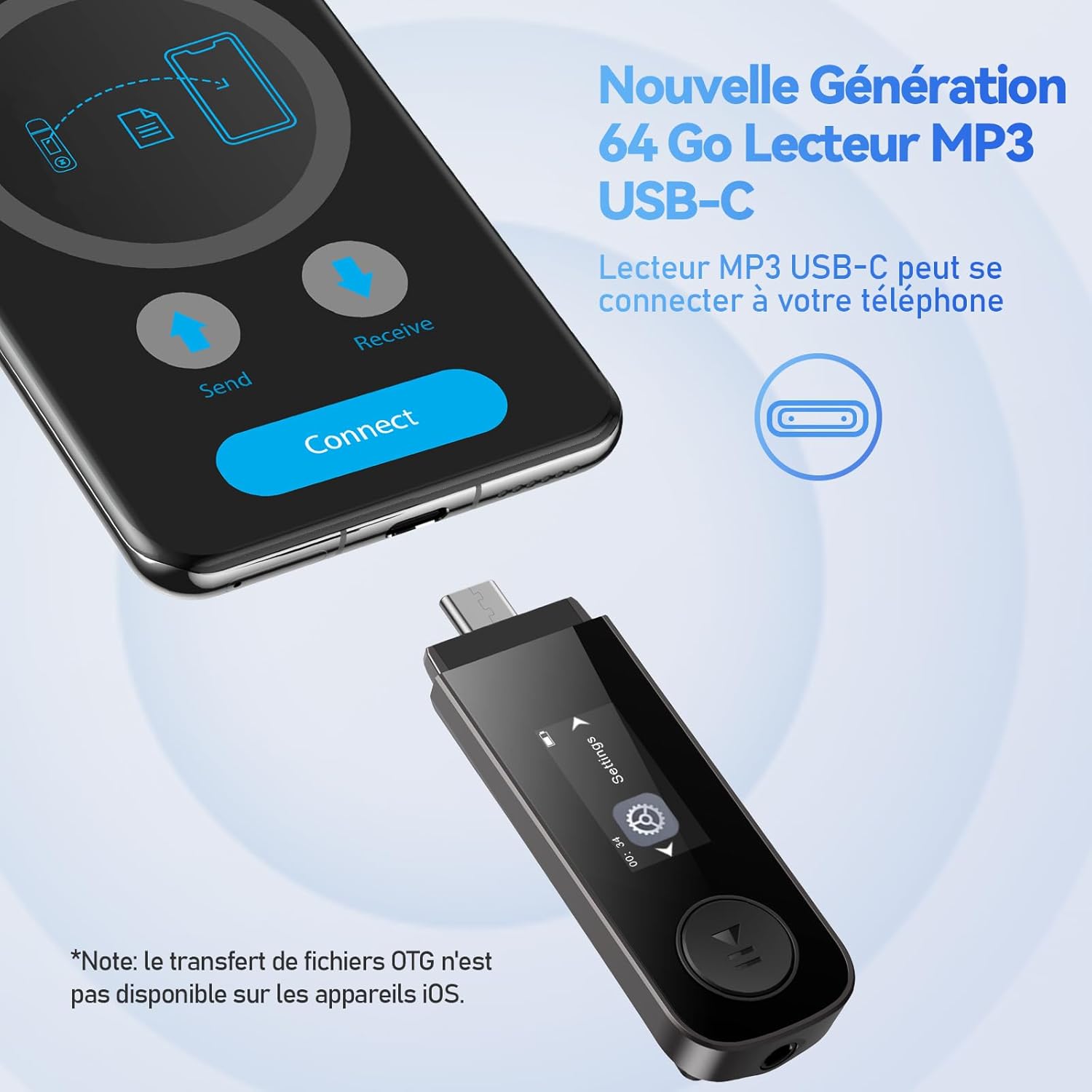 Detalle 2 de AGPTEK 64Go Lecteur MP3 USB-C avec Bluetooth 5.3 et Clip Sport – Son HiFi, FM et Enregistreur