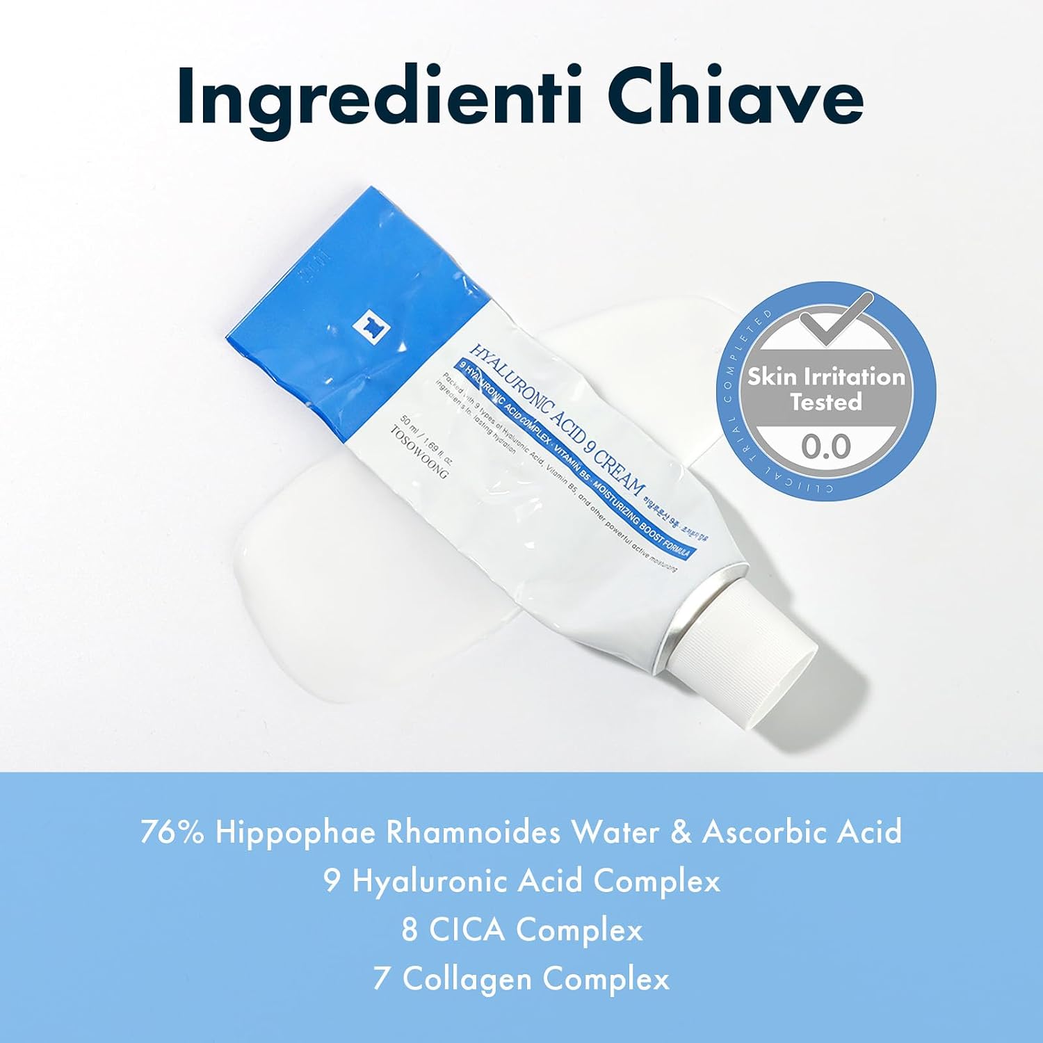 Detalle de TOSOWOONG Crema Viso Idratante Hyaluronic Acid 9 con Vitamina B5, Niacinamide, Collagene ed Estratto di Centella Asiatica (50 ml) – Idratazione coreana per ogni giorno