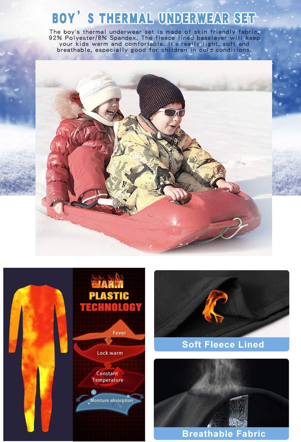 Detalle de MEETYOO Boys’ Thermal Underwear Set, Fleece-Lined Four-Way Stretch Base Layer