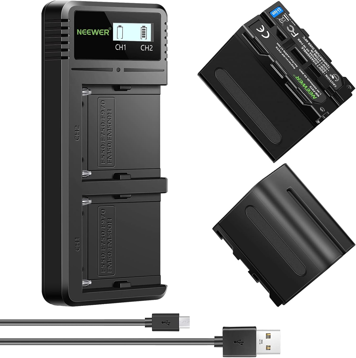 Detalle de NEEWER Dual-USB-Ladegerät für NP-F970 (mit 2× 6600 mAh Ersatzakkus) – Schnellladen für Sony NP-F Serie